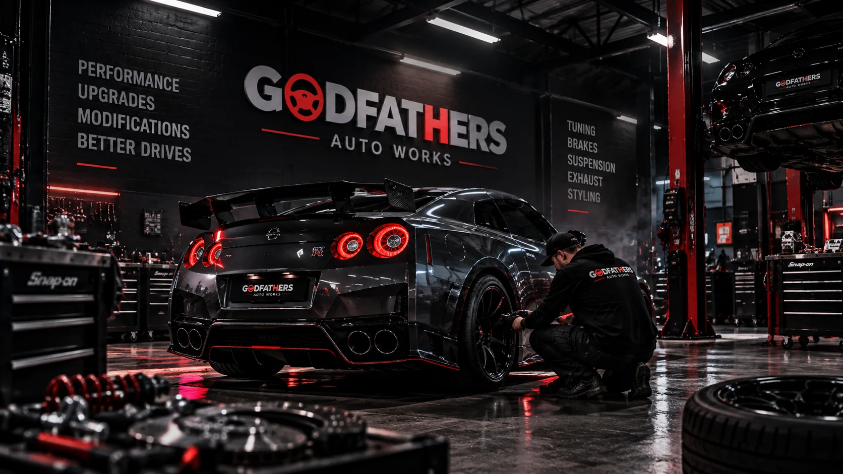 A lowered performance car with red underglow